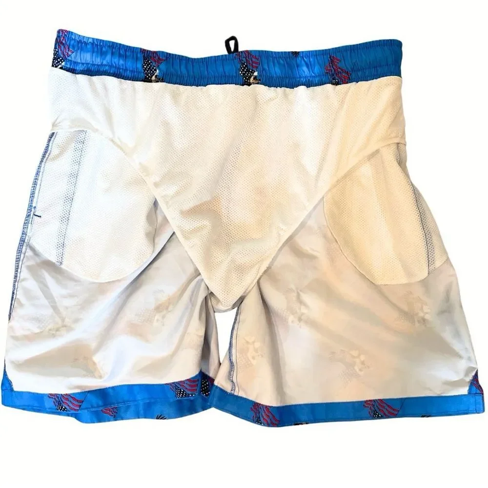 NEW! Wave Zone Blue Swim Shorts with Patriotic Eagle and Flag. NWOT. Men’s L